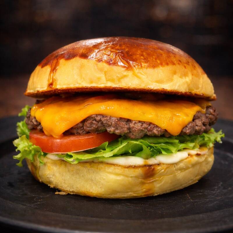 Pão brioche, burger 100g caseiro, cheddar, alface e tomate