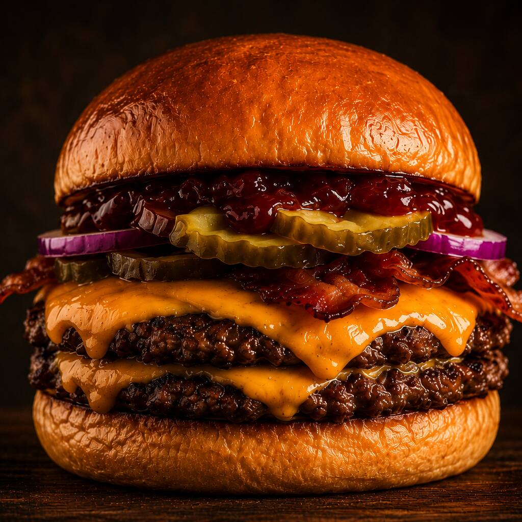 Dois blends smashados, cheddar fatiado, cebola roxa, picles e geleia de pimenta.