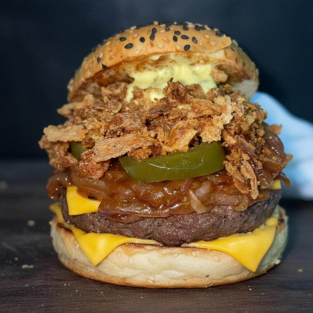 Hambúrguer 150g, cheddar derretido, cebola caramelizada, pimenta jalapeño, cebola crisp e maionese da casa no pão brioche mesclado. Picante, crocante e viciante,intensidade da primeira a ultima mordida !