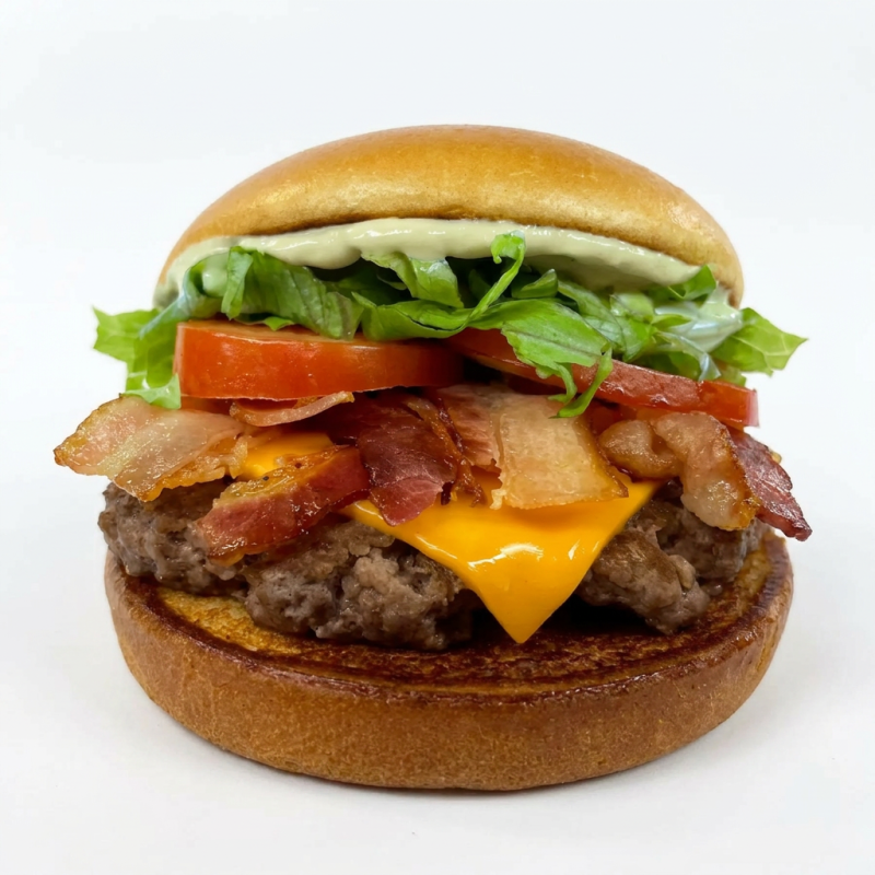 Pão, Hambúrguer, Bacon, Cheddar, Alface e Tomate.