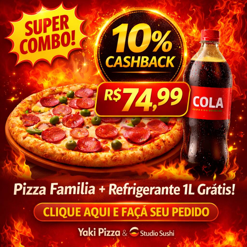 Aproveite uma pizza especial família, deliciosa acompanhada de um refrigerante gelado à sua escolha.