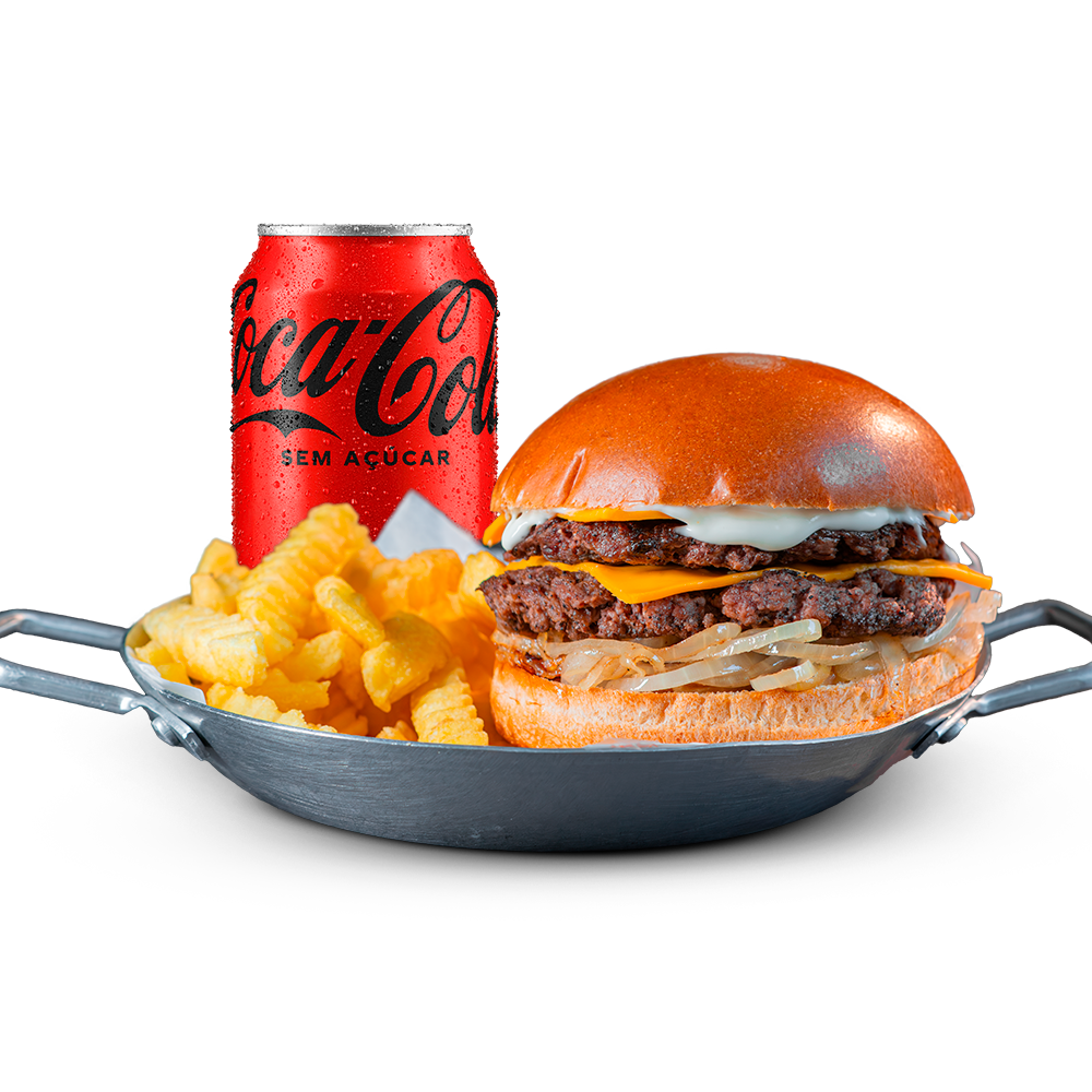 Pão de brioche, duplo bife smash, cheddar fatiado, maionese Hakuna e cebola na chapa.