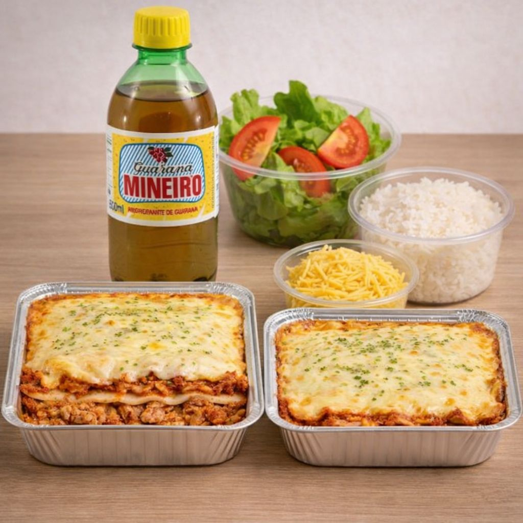 Lasanha à Bolonhesa + Lasanha de Frango + Arroz + Batata Palha + Salada e Mineiro de 600 ml.
