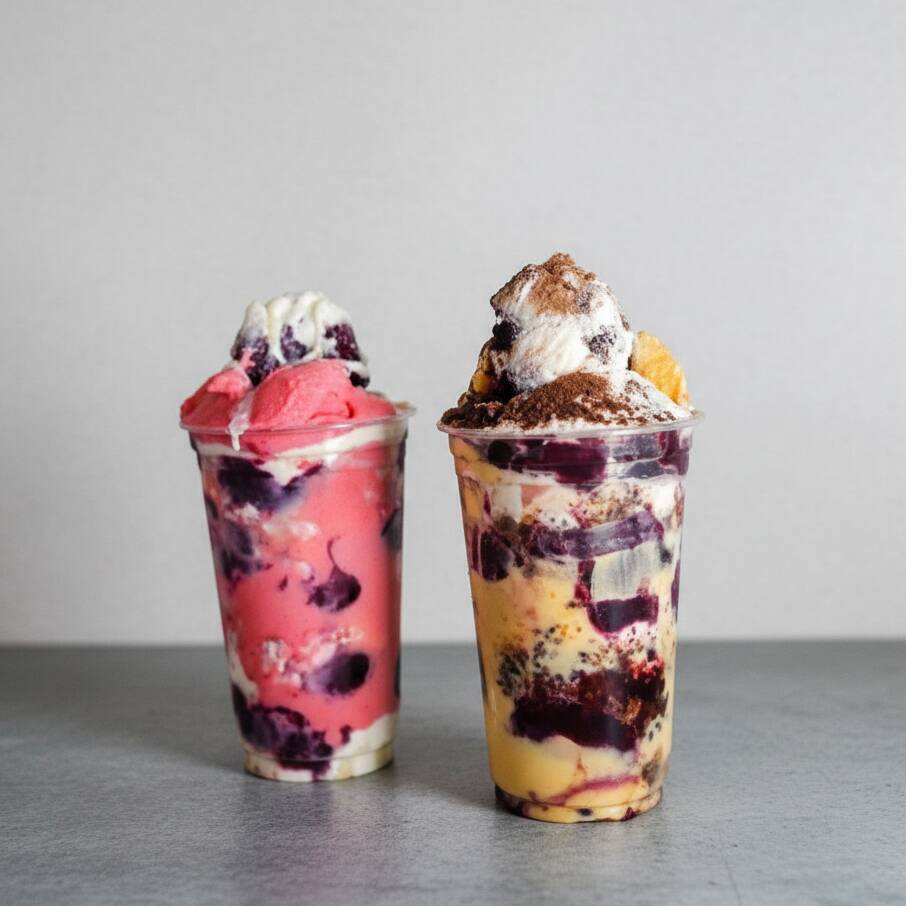 Leve 2 copos de 700ml cheios de sabor! Um preparado com deliciosa mousse de morango e outro com irresistível mousse de maracujá, ambos finalizados com leite em pó e leite condensado. Uma combinação cremosa, refrescante e perfeita para compartilhar ou aproveitar em dobro!