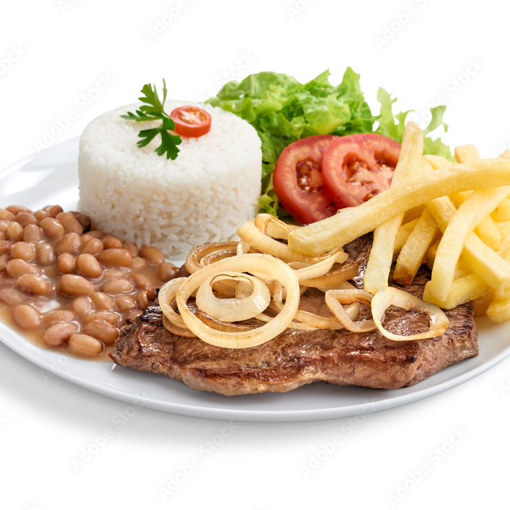 Acompanha. Arroz, Feijão carioca, Espaguete, 2 Bifes de Boi acebolados, 2 ovos, Salada do dia