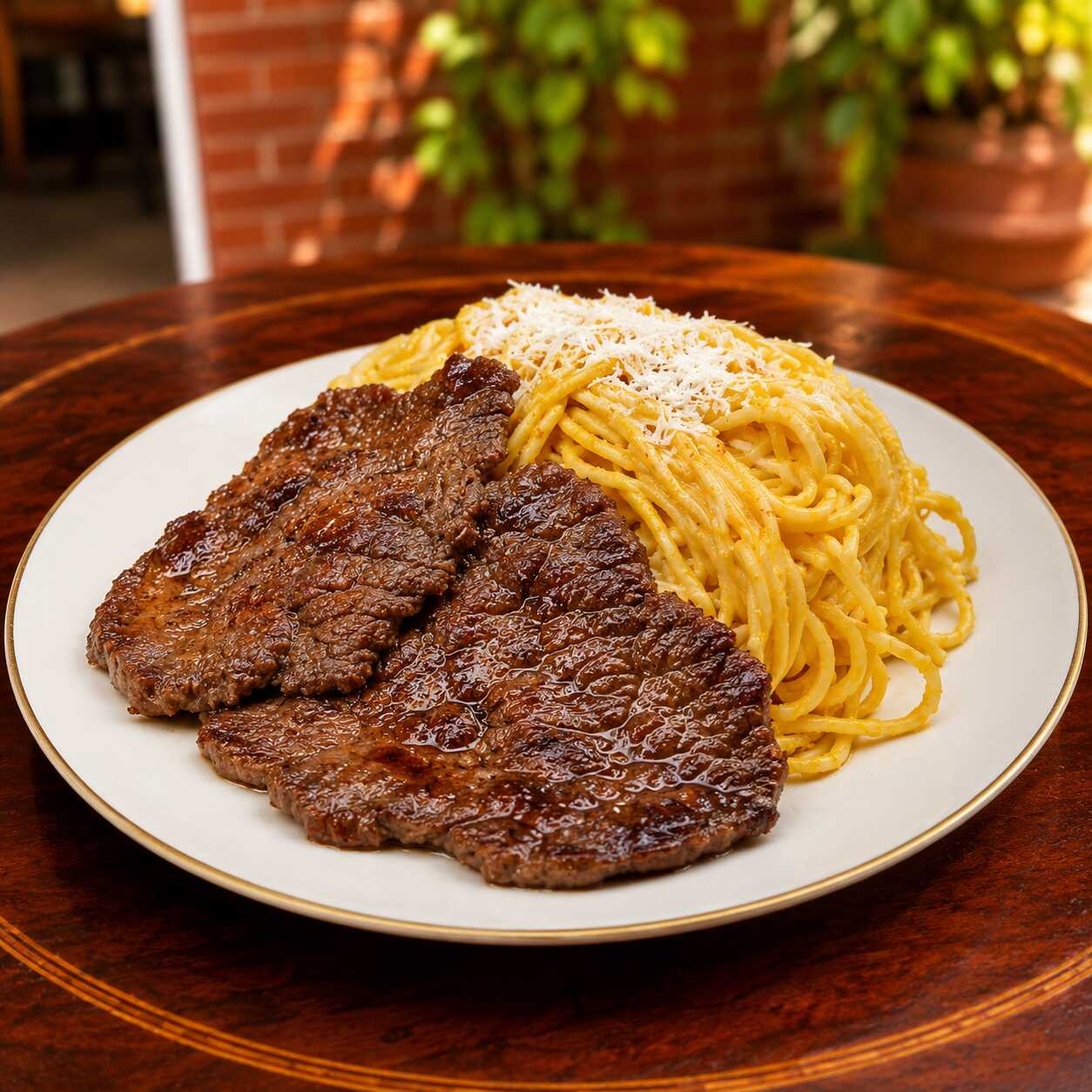 Tallarines a la Huancaína con Bistec