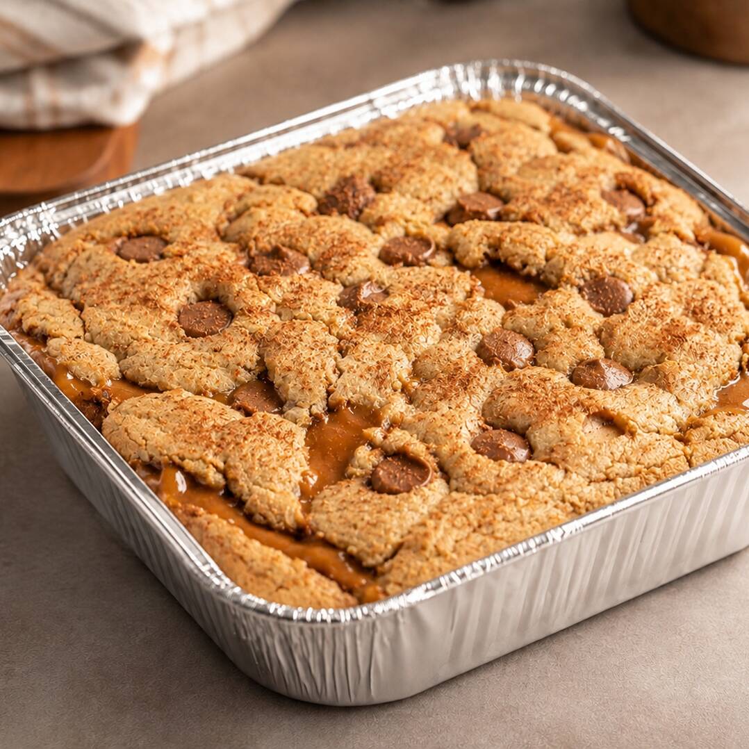 Massa de cookie tradicional de baunilha com recheio de doce de leite com um toque de canela.
Servido na marmita de 500 ml. Peso aproximado de 350 gramas.