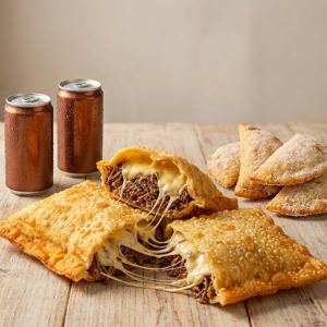 São 2 pastéis GG, recheados com carne desfiada suculenta e queijo derretido, acompanhados de 4 pastéis pernambucanos tradicionais, levemente polvilhados com açúcar e com aquele sabor caseiro irresistível.