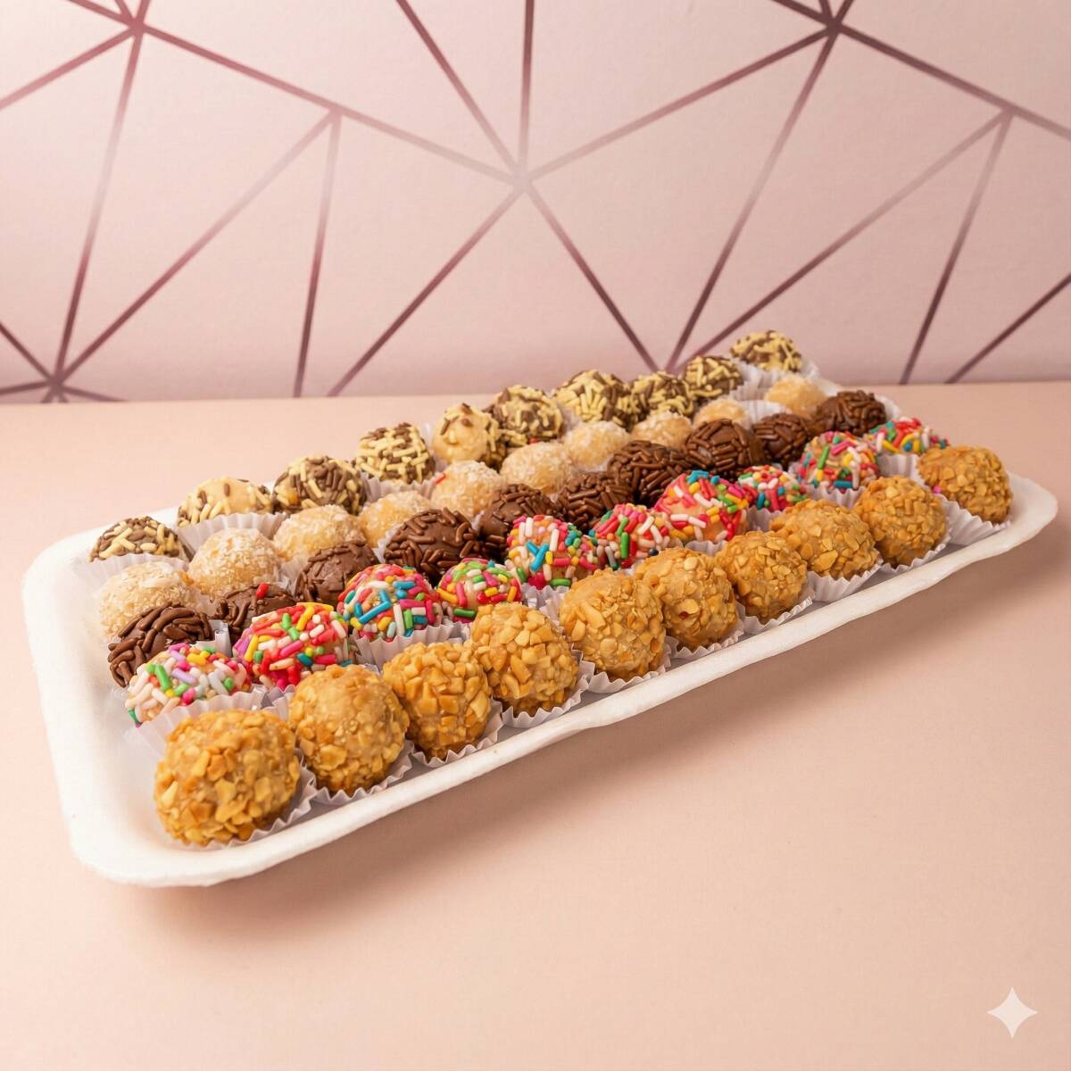 A medida certa para compartilhar! São 50 unidades dos nossos docinhos caseiros fresquinhos. Perfeito para dividir com a equipe do trabalho ou adoçar o domingo em família. Um mix delicioso com 5 sabores clássicos: Brigadeiro, Leite, Morango, Amendoim e Beijinho. Ninguém vai ficar sem!