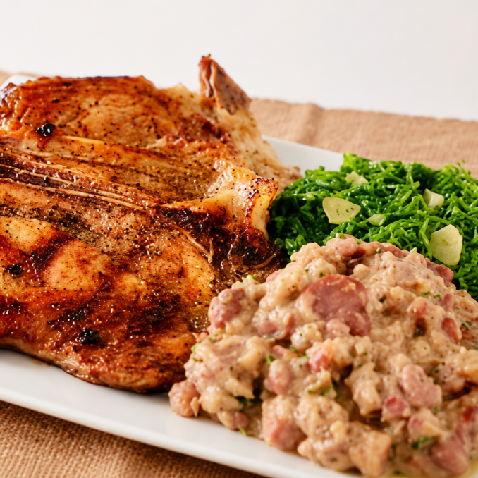 Tutu de Feijão com Bisteca acebolada, arroz, couve e farofa.