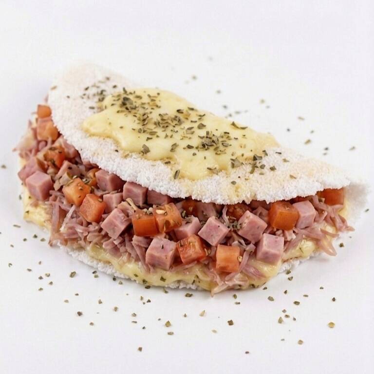 Clássico sabor de pizza na tapioca: queijo derretido, cubos de presunto, tomate, cebola e toque de orégano.