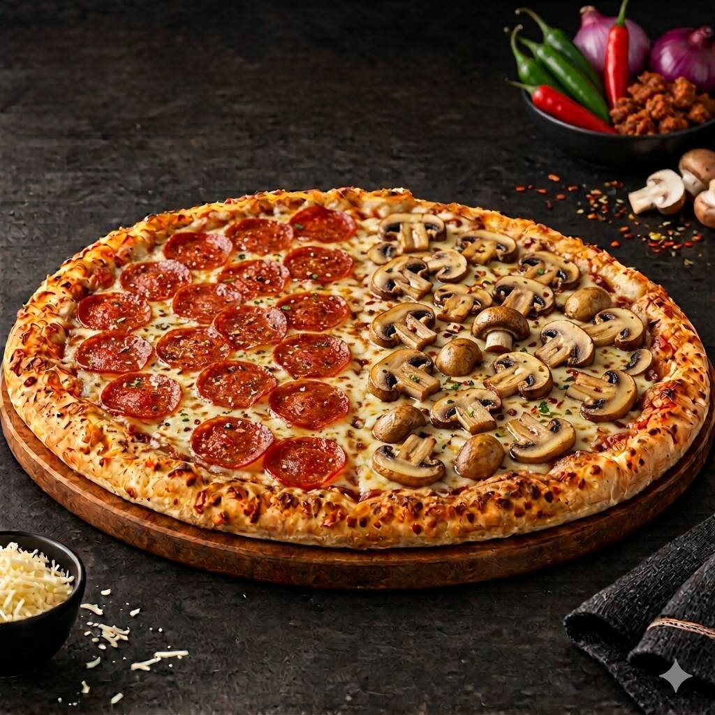 PIZZA FAMILIAR MITAD PEPPERONI Y CHAMPIÑONES 36 CM