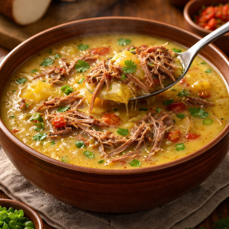 Caldo de carne louca com mandioca bem encorpado, feito com carne desfiada macia e mandioca cozida até ficar cremosa