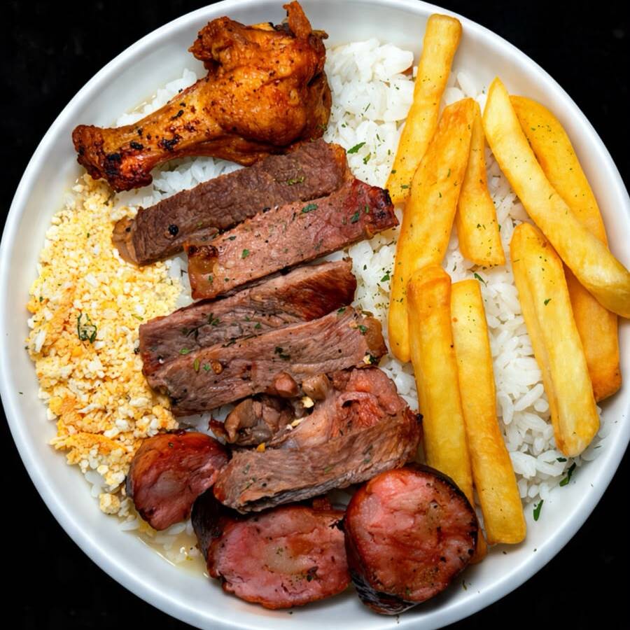 Carne suculenta, linguiça e frango grelhados na churrasqueira, acompanhados de arroz soltinho, feijão, batata frita e farinha. 500 Gr