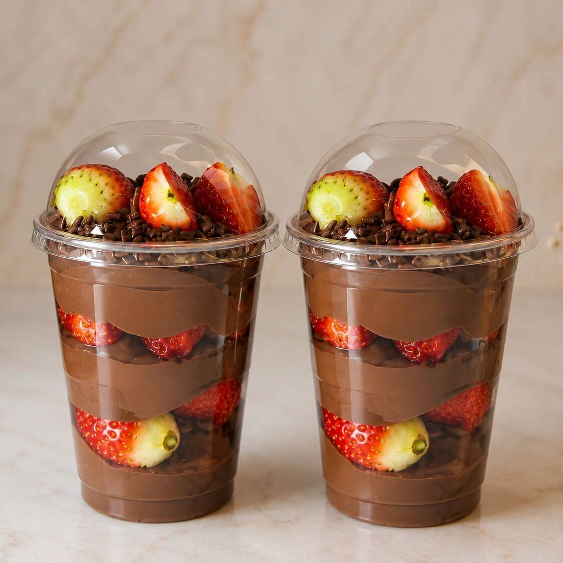 🍓 Copo Fondue irresistível feito com camadas cremosas de brigadeiro 50% cacau e muito chocolate, intercaladas com morangos frescos e suculentos. Uma combinação perfeita entre o doce intenso do chocolate e o frescor da fruta, trazendo sabor e cremosidade em cada colherada! 🍫✨
