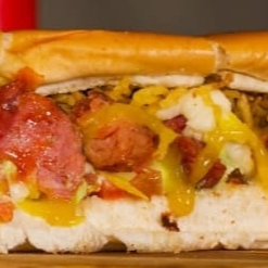 Pão especial, duas vinas perdigão, tomate,milho,maionese caseira,catupiry, cheddar, frango,calabresa,bacon e batata palha.