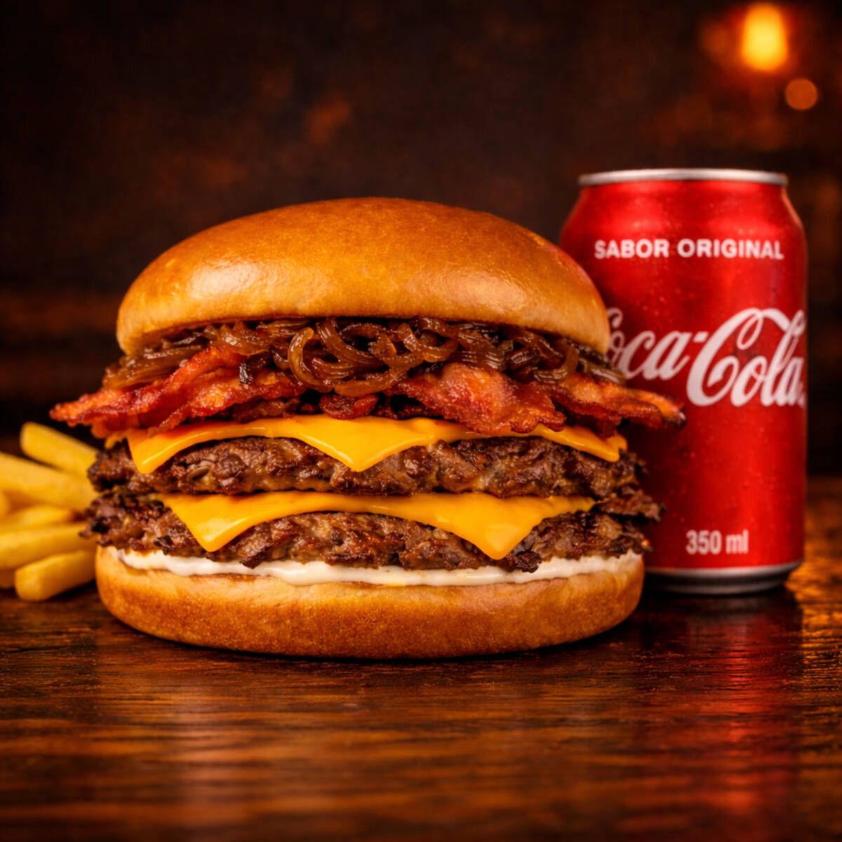 Pão de brioche, 2x hambúrguer artesanal Bovino 70gramas tipo smash, bacon crocante, cebola caramelizada, queijo cheddar, maionese artesanal defumada + 90 gramas de batata frita + coca cola 350ml. Lanche preparado na hora do seu pedido. Ideal para 1 pessoas.