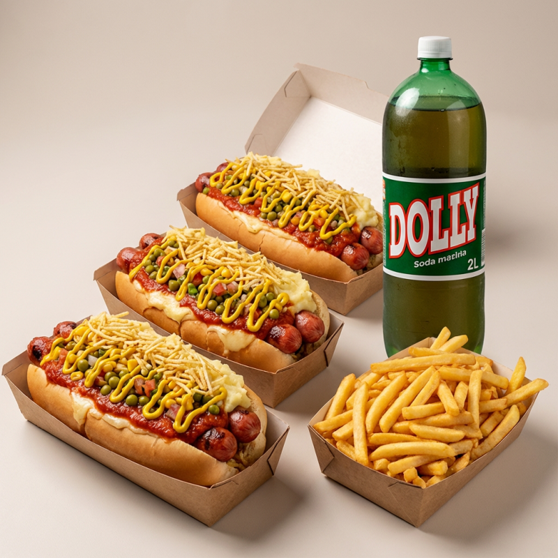 3 HOT DOG(2 SALSICHA MOLHO,ERVILHA,VIMAGRETE,MILHO,MOSTARDA,PURE DE BATATA,BATATA PALHA +PORÇAO DE FRITAS +DOLLY