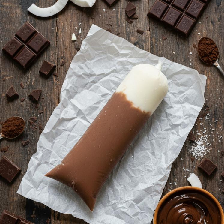 Geladinho Prestígio com massa cremosa de coco e lascas frescas, coberto por uma casquinha de chocolate ao leite. Uma combinação clássica e deliciosa de coco com chocolate, perfeita para refrescar e adoçar o Dia. (aprox. 140g)