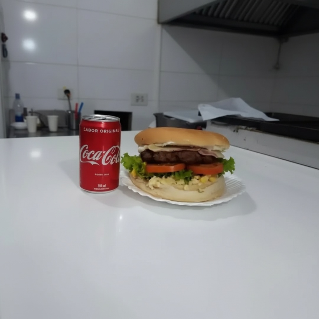 Deliciso Hambúrguer Bovino, de 100 gramas, acompanhado de Mussarela Apresuntado, Ovo, Tomate, Alface, Milho e Batata palha. Deliciosa Coca-Cola lata de 350 ml.