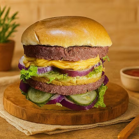 Dois suculentos hambúrgueres vegetais no pão brioche macio, com alface fresca, cebola, picles crocante, queijo cheddar e nosso molho especial da casa. Uma explosão de sabor