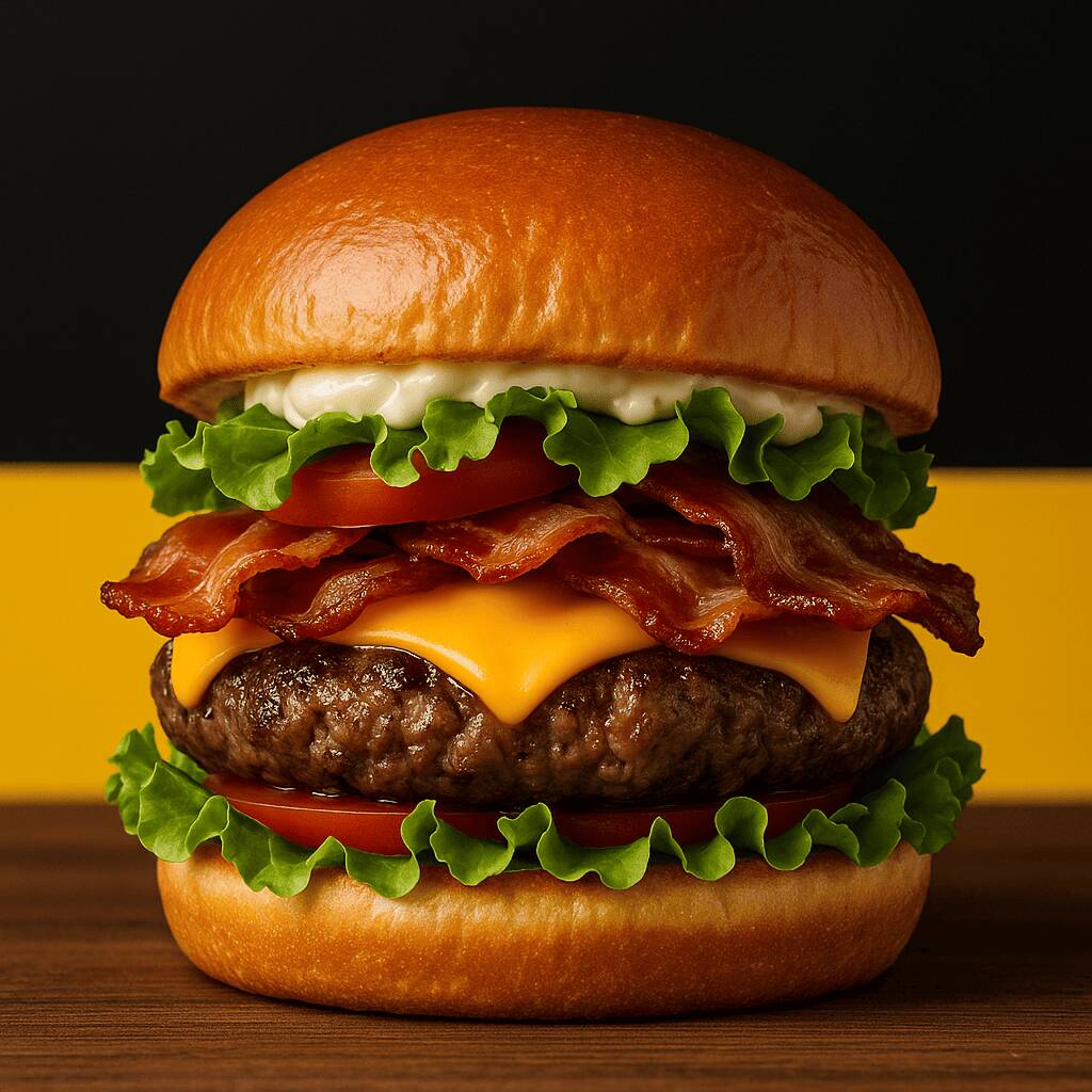 Burguer Artesanal Prime Bacon Pão brioche macio, hambúrguer artesanal suculento 100g, maionese, bacon, queijo cheddar fatiado, alface fresca e tomate. Sabor marcante e irresistível do início ao fim!