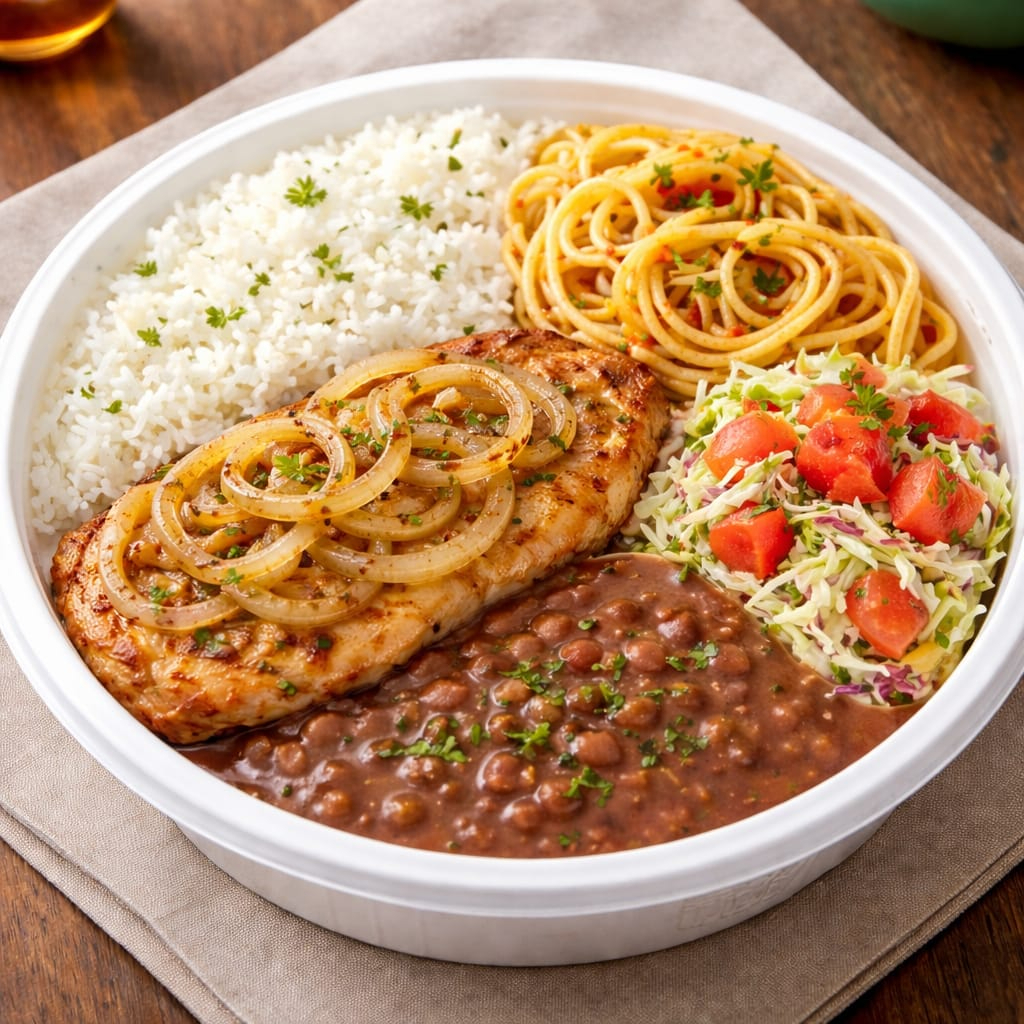 Arroz branco, feijão com caldo, bife de frango acebolado grelhado no ponto certo, macarrão e salada.