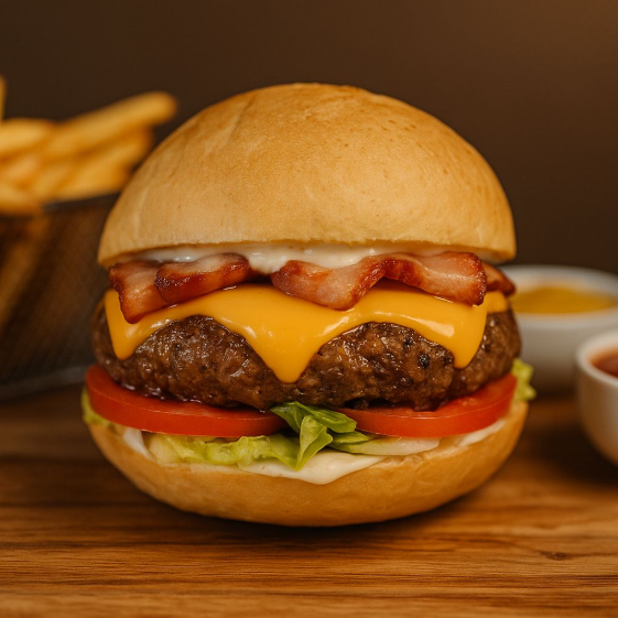 Pão crocante, carne 140gr, bacon, 2 fatias de cheddar, maionese de casa, alface americana e tomates fresco