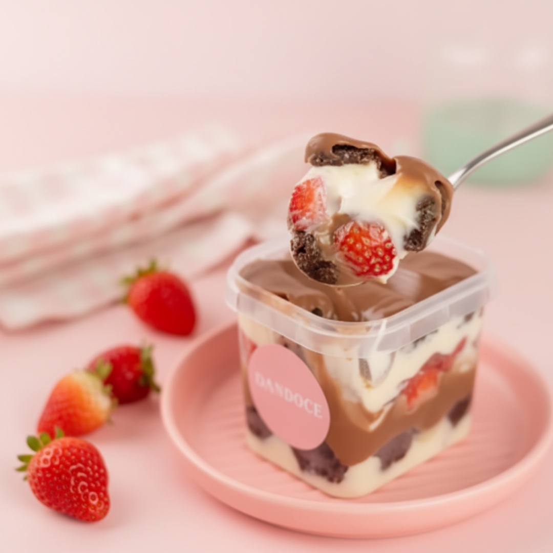 Camadas de brownie macio e úmido, com brigadeiro gourmet de chocolate e brigadeiro de Leite Ninho e morangos frescos.