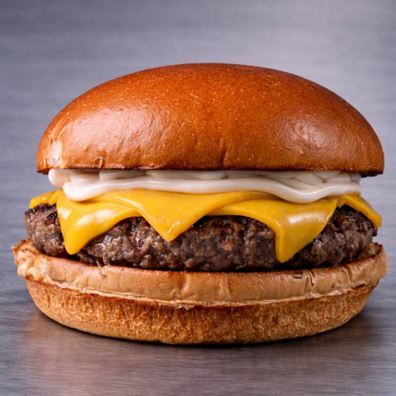 150g carne , pão chapeado na manteiga de garrafa ,queijo cheddar cremoso e maionese caseira, alface e tomate