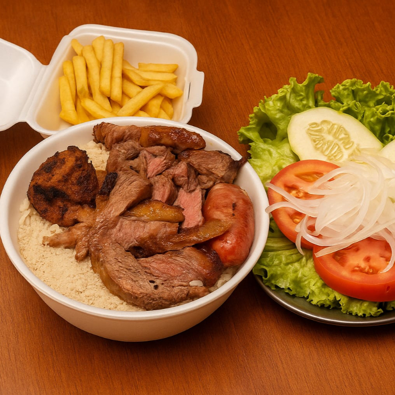 Arroz, feijão, farofa, churrasco de maminha, linguiça, frango, salada e fritas. Serve 1 pessoa