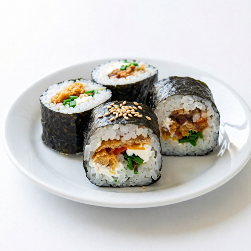 (Enrolado natural de Nori com arroz, creme chease , skin frito, cebolinho e gergelim)
