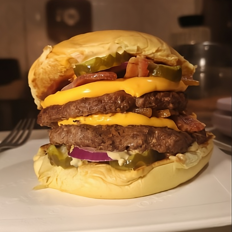 Sanduíche pra quem curte a suculência de um bom Bacon, contendo um delicioso Pão Brioche, Dois Hambúrgueres Artesanais de 100g cada, Cheddar Melt, Bacon, Picles, Cebola Roxa, Ketchup e Maionese da Casa. A nossa maionese é feita a base de leite, com alho assado e especiarias.