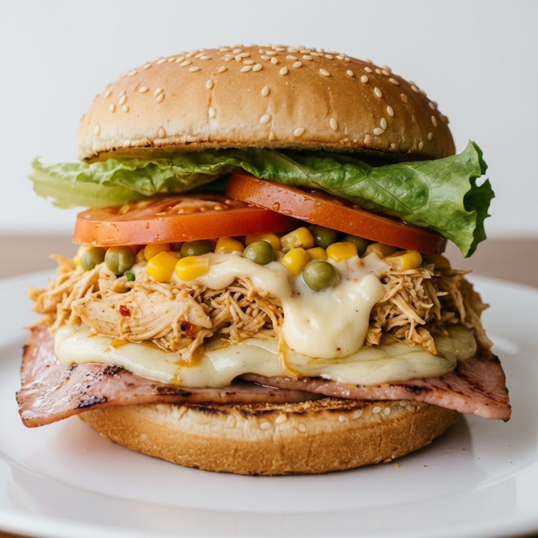 Pão de hamburguer recheado com delicioso frango desfiado catupiry original queijo presunto milho ervilha alface e tomate
