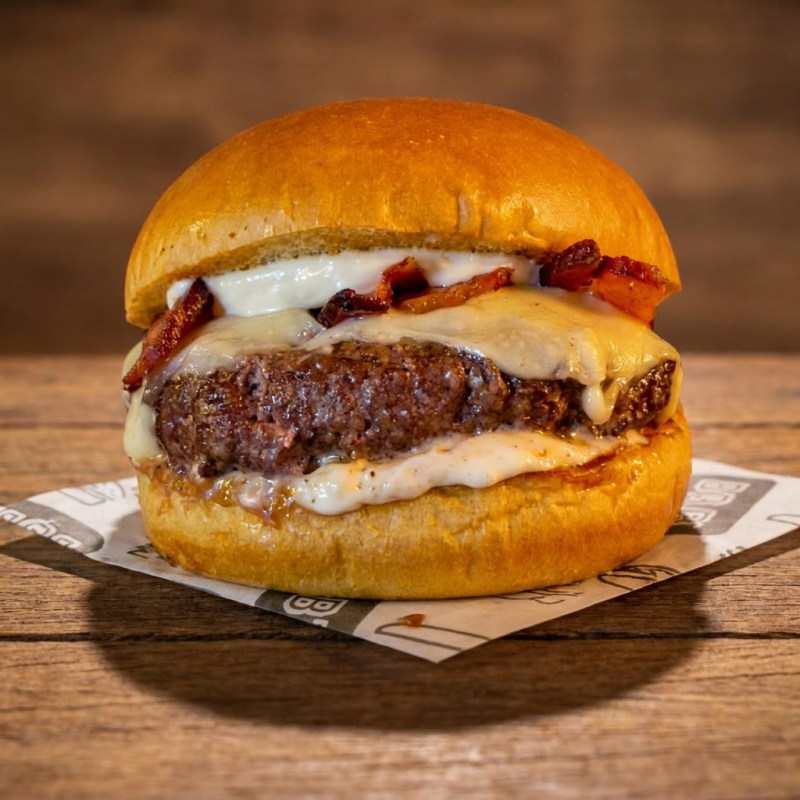 Pão brioche, Suculento Hambúrguer bovino grelhado na Brasa, com queijo mussarela, tiras de Bacon e nossa deliciosa maionese Meca.