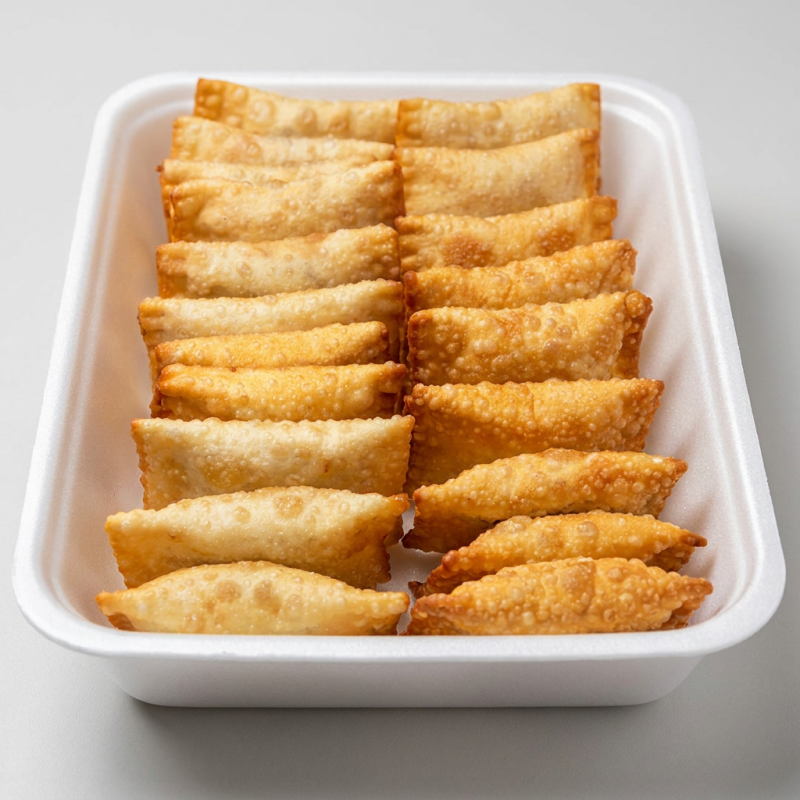 Porção de mini pastéis de pizza, preparado com presunto, queijo mussarela, pedaços de tomate e orégano. 18 unidades