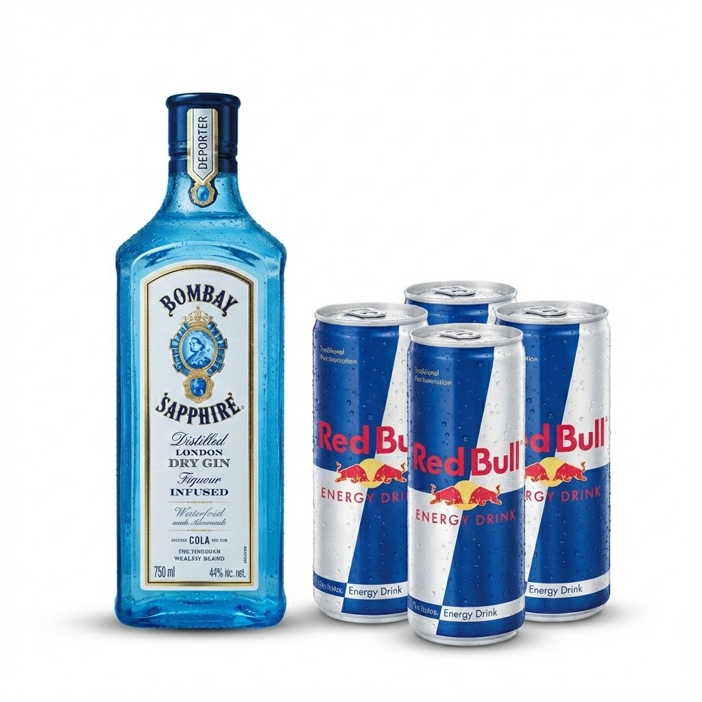 1x Gin Bombay Sapphire 750ml (Original) 4x Red Bull (Escolha os sabores nos complementos) 4x Gelo de Sabor (Escolha os sabores nos complementos) Selecione as opções abaixo e finalize seu pedido!