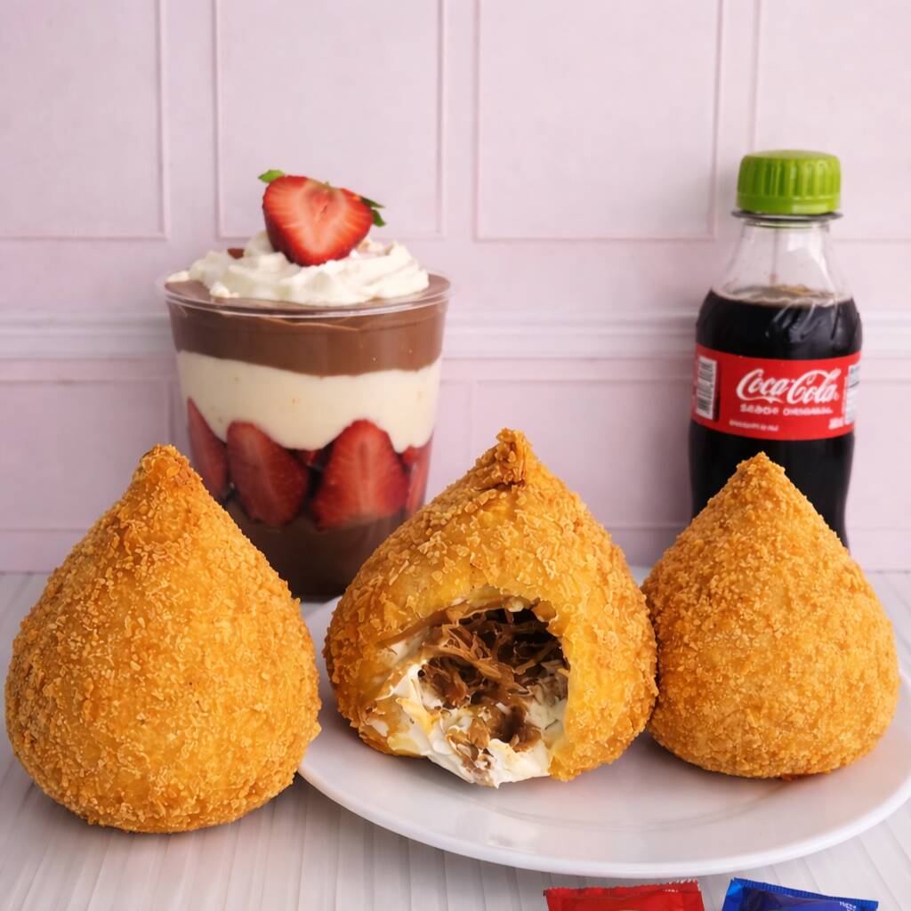 Kit composto por 1 coxinha de frango com catupiry, 1 copo da felicidade e 1 refrigerante gelado