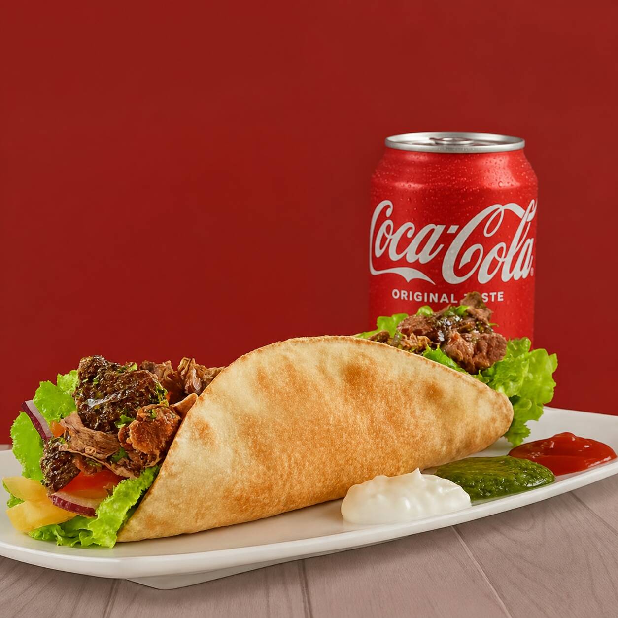 Shawarma de frango suculento com creme de alho, alface, tomate, cebola e batata frita dentro, acompanhado de Pepsi lata 350ml.