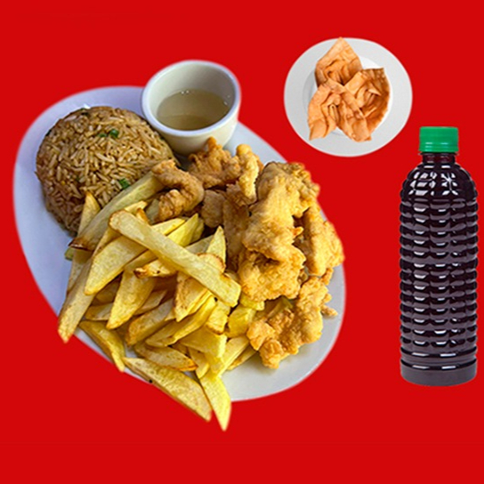 Chicharrón de Pollo +Chaufa +Wantan Frito+ Chicha