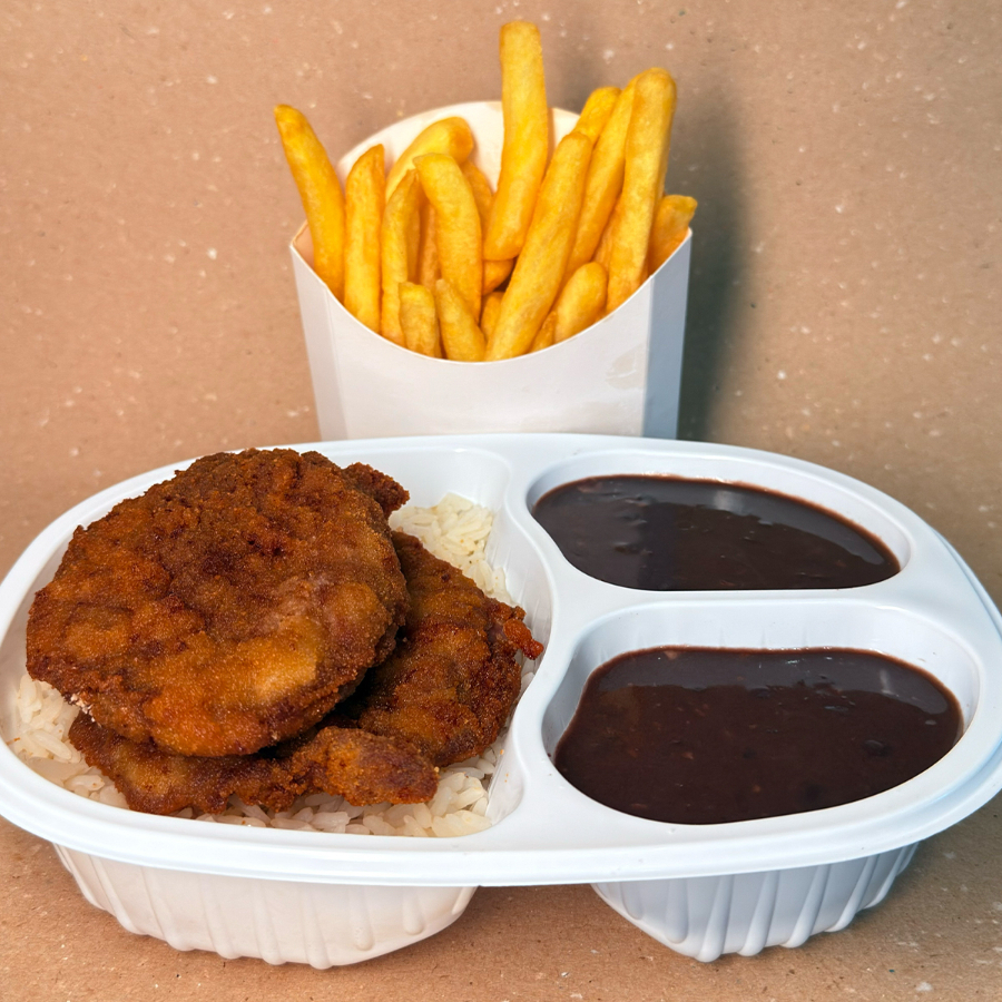 Arroz, Feijão, Farofa, Batata frita, 2 bife a milanesa