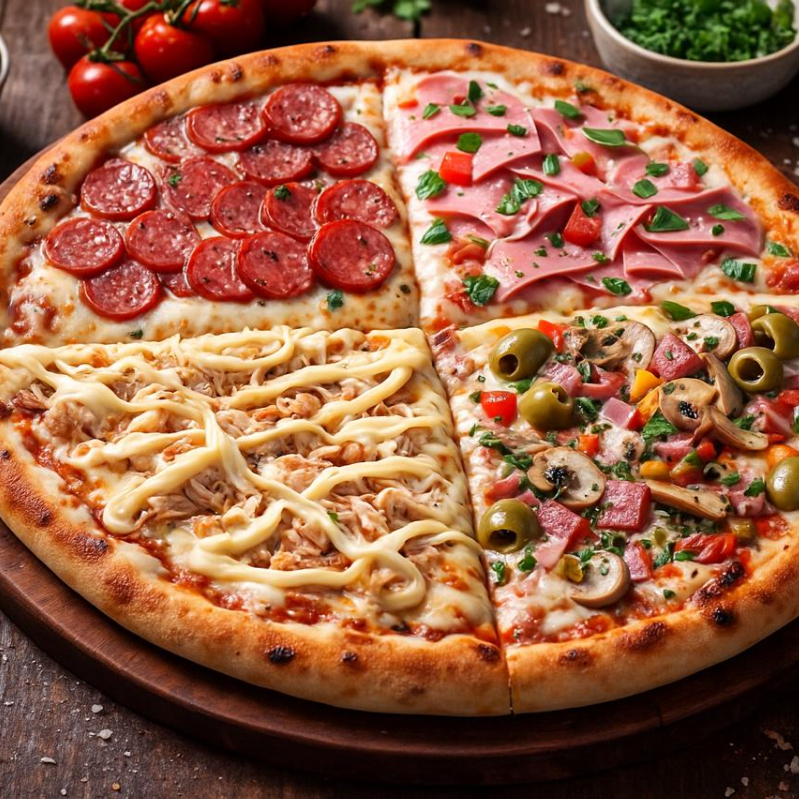 Pizza 4 sabores
Gigante
Sabores Já Definidos
2 fatias de cada sabor :
Calabresa
A moda
Frango c/ Catupiry
Presunto e Mussarela