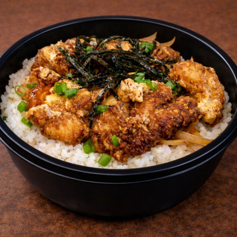 Este prato consiste em frango coxa sobre coxa desossado frigo refogado em cebola, ovo e molho especial. Este refogado vai sobre uma porção de arroz japonês (gohan). Porção para uma pessoa.
Arroz, frango coxa sobre coxa desossado e frito com ovos, cebola e molho.