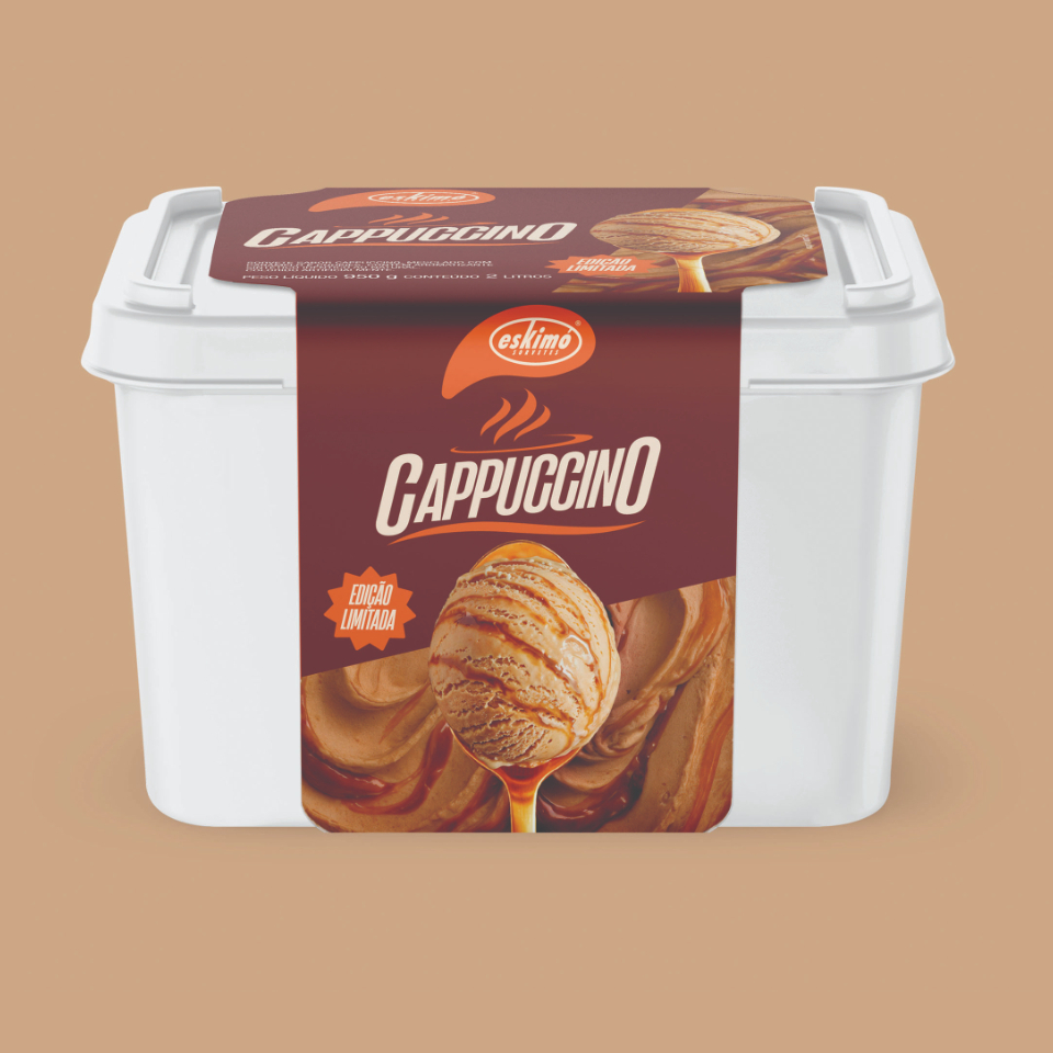 Sorvete sabor Cappuccino, mesclado com caramelo e cookies. Contém aromatizante sintético idêntico ao natural. colorido artificialmente. Peso 950g. Conteúdo 2 litros.