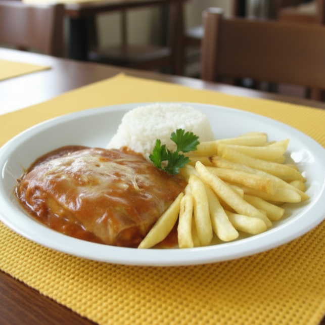 Apresentamos nosso magnífico "Filé de Frango á Parmegiana", uma especialidade da categoria "Pratos à La carte". Este prato é uma deliciosa combinação de um suculento filé de frango, revestido com queijo parmesão derretido e gratinado à perfeição. Acompanha um arroz branco, leve e soltinho, além de batatas fritas, crocante e douradas, preparadas na hora. Este é um prato que conforta o paladar, repleto de sabores autênticos e texturas variadas, para uma experiência gastronômica incrível.