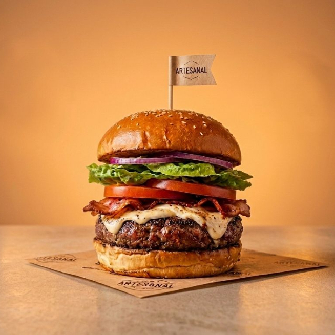 pão bola, cebola, tomate, alface, bacon, queijo mussarela e brend 90g