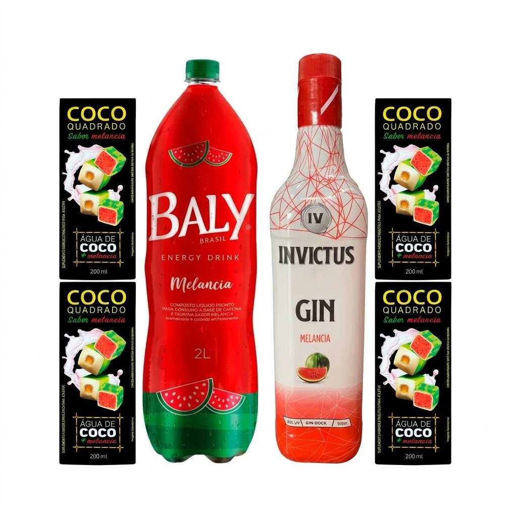 Combo de Gin invictus de melancia com Baly de melancia 2 litro + 5 gelos de coco + copo 750 ml