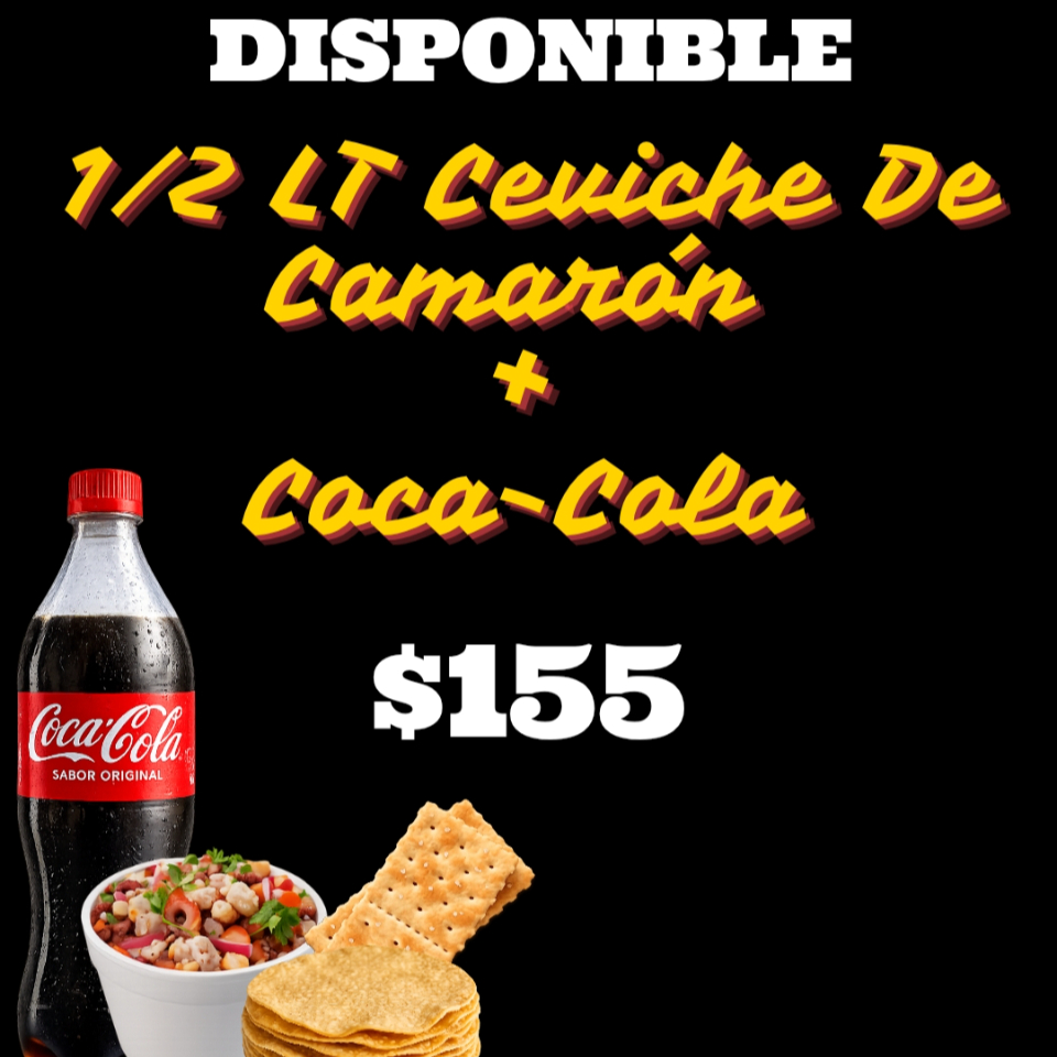 1/2 LT Ceviche de camarón + Coca-Cola 600 ML