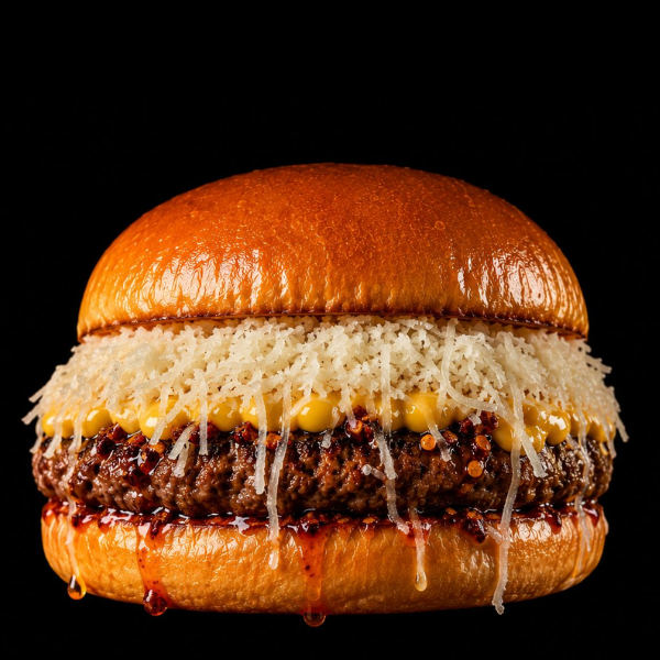 Hambúrguer de Costela 210g com Maionese de Milho, Nuvem de Parmesão e Chilli Oil no Pão Brioche. Uma Explosão de Sabores com Toque Oriental e Personalidade Única!