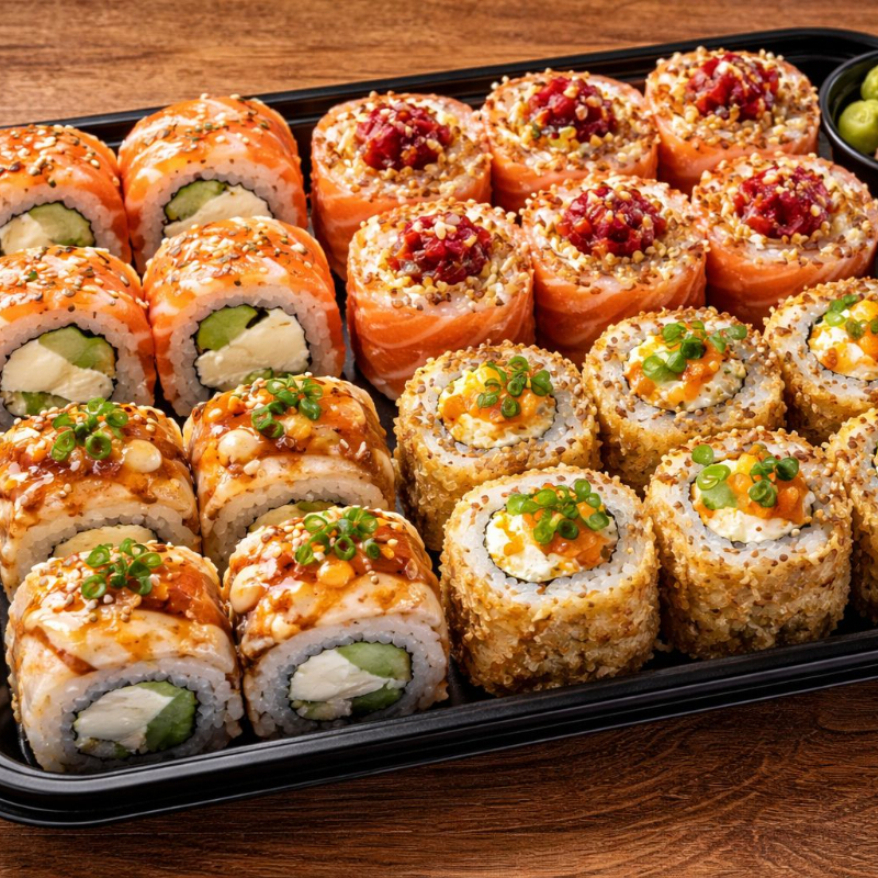 4 Uramaki Filadélfia, 4 Uramaki Romeu e Julieta, 4 Uramaki Salmão Grelhado, 4 Uramaki Kani Filadélfia